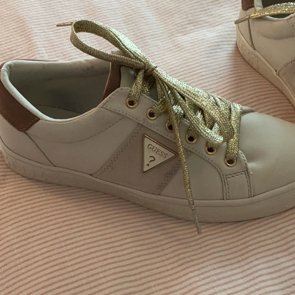 Guess White Sneakers with Gold Glitter Laces 7 .5